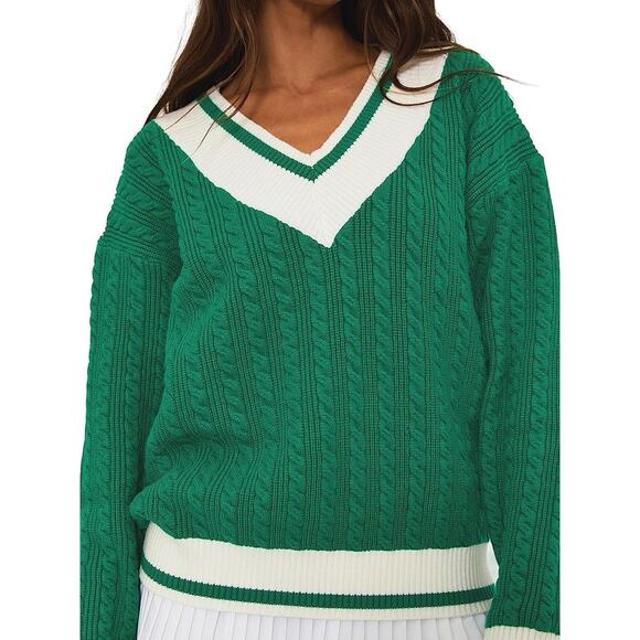 NEW BEACH RIOT Size XL Montana Sweater Green White Cable Knit V Neck Cozy Knit - Picture 1 of 9